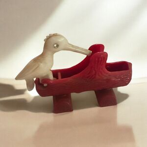 Vtg Red Plastic Log Toothpick Holder White Woodpecker Bird Dispenser MCM 1950s